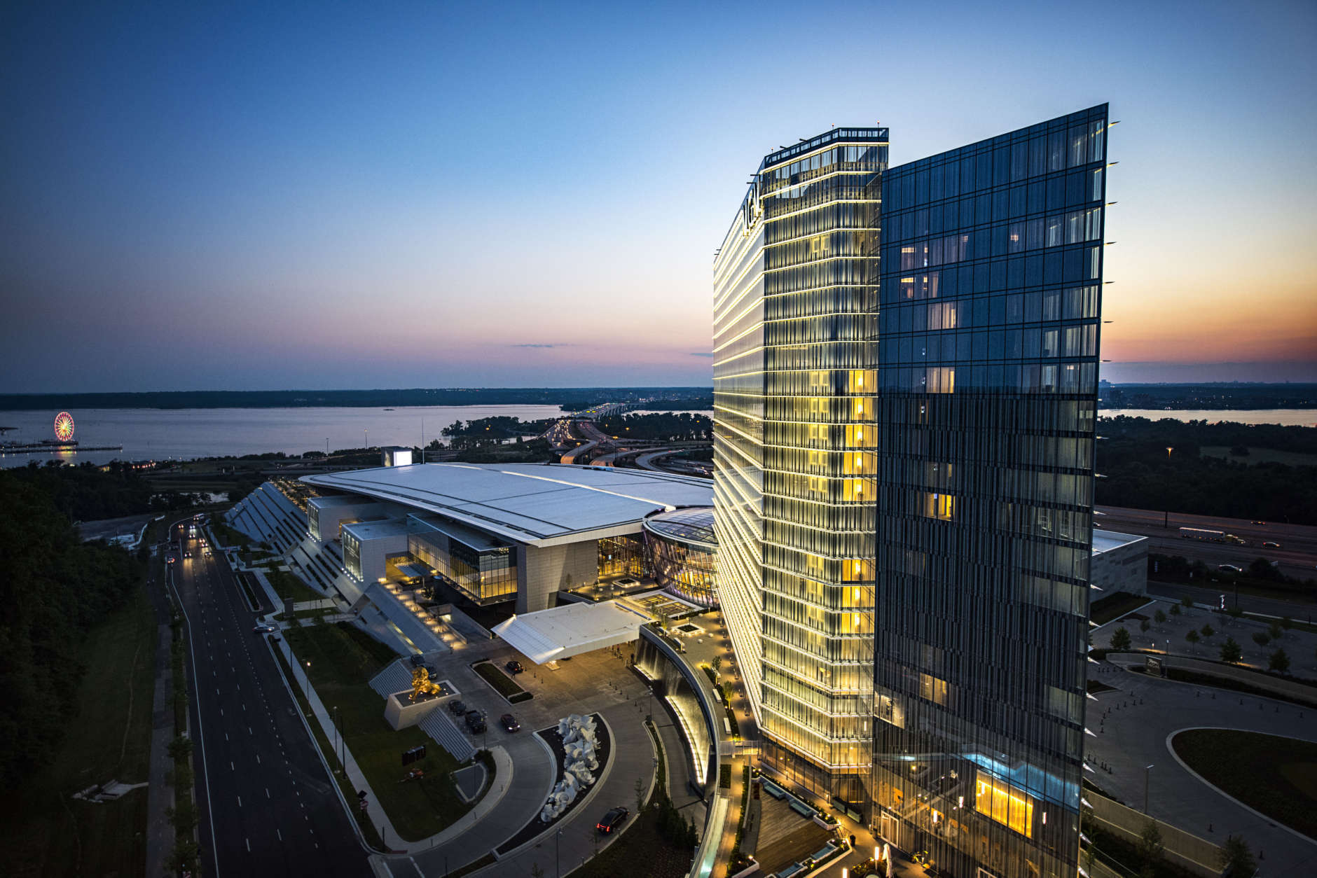 An aerial view of MGM National Harbor captured during a spring sunset. (Courtesy MGM National Harbor)
