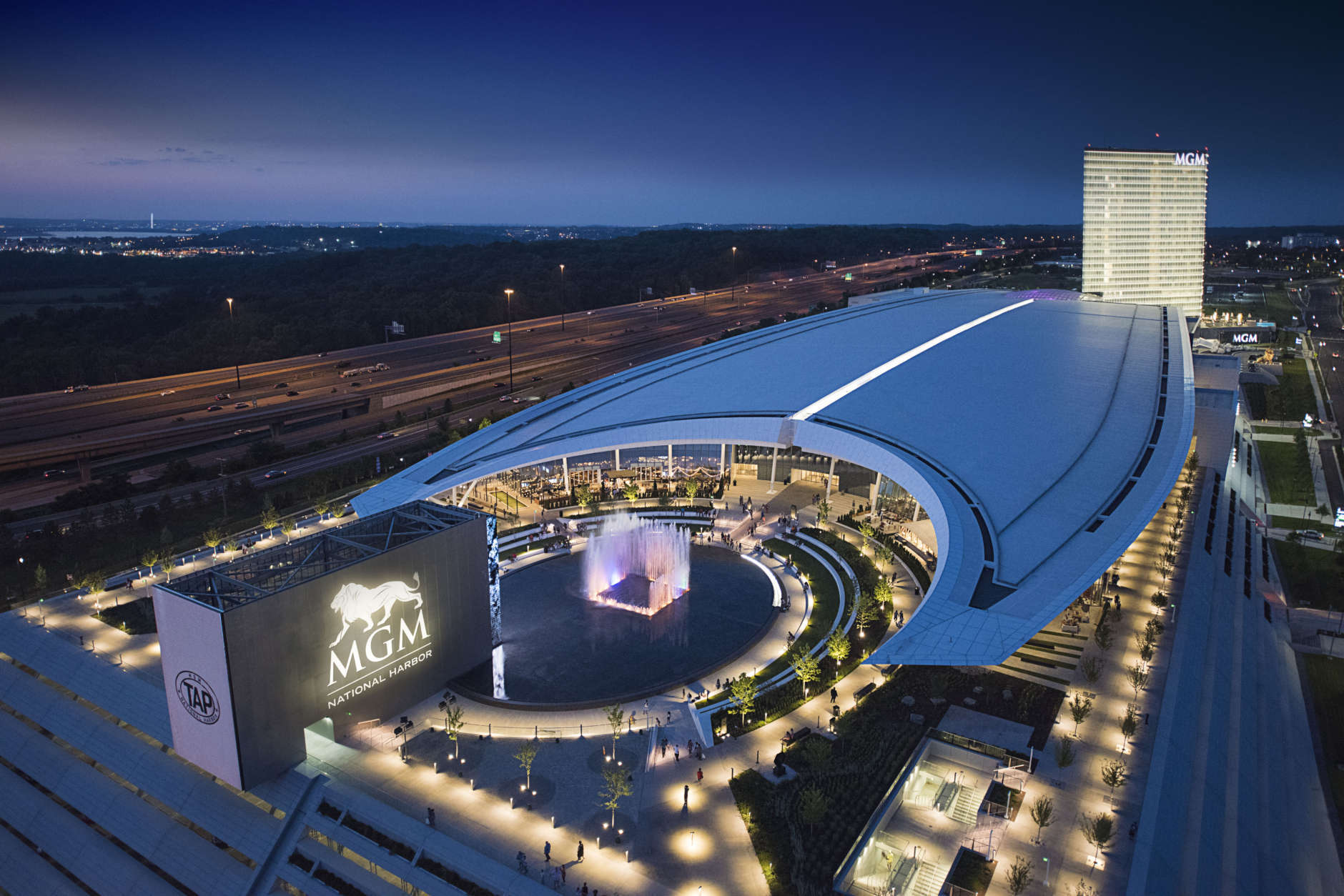 An aerial view of MGM National Harbor captured during a spring sunset. (Courtesy MGM National Harbor)