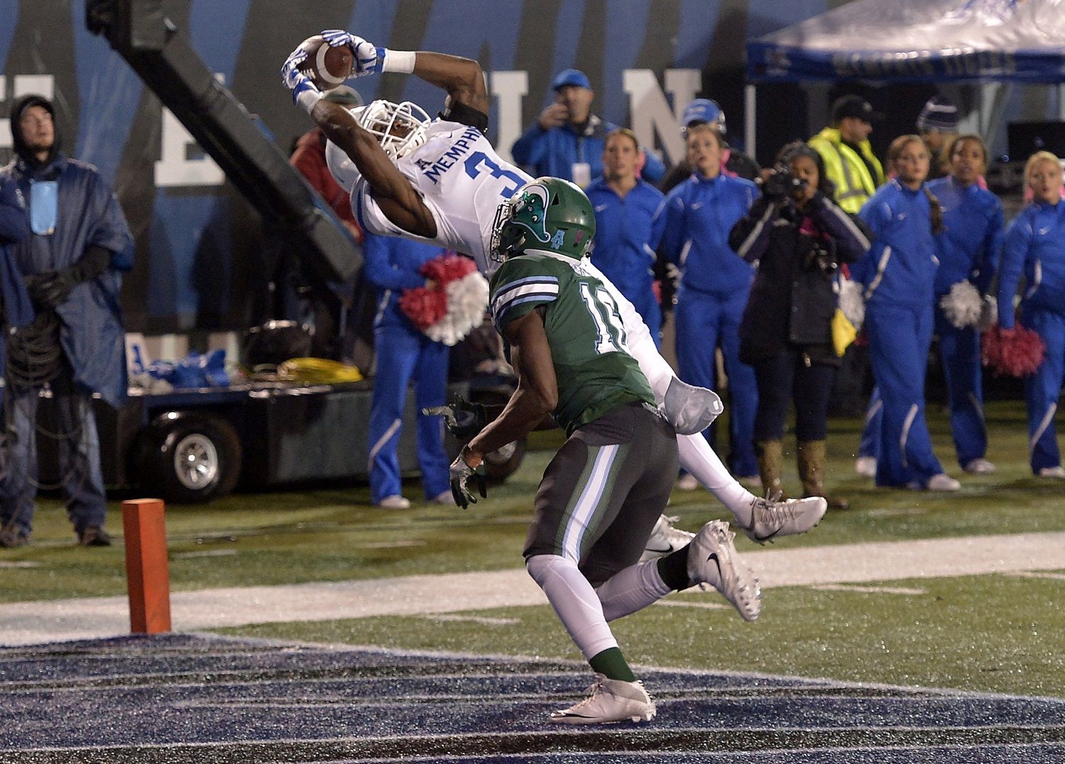 FILE - In this Oct. 27, 2017, file photo, Memphis wide receiver Anthony Miller (3) catches a pass against Tulane safety P.J. Hall (16) for a touchdown in the first half of an NCAA college football game in Memphis, Tenn. Miller is the conference’s leading receiver with 1,212 yards and 14 touchdowns.(AP Photo/Brandon Dill, File)
