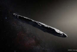 An artist’s concept of interstellar asteroid 1I/2017 U1 (‘Oumuamua) as it passed through the solar system after its discovery in October 2017. The aspect ratio of up to 10:1 is unlike that of any object seen in our own solar system. (Courtesy European Southern Observatory/M. Kornmesser)
