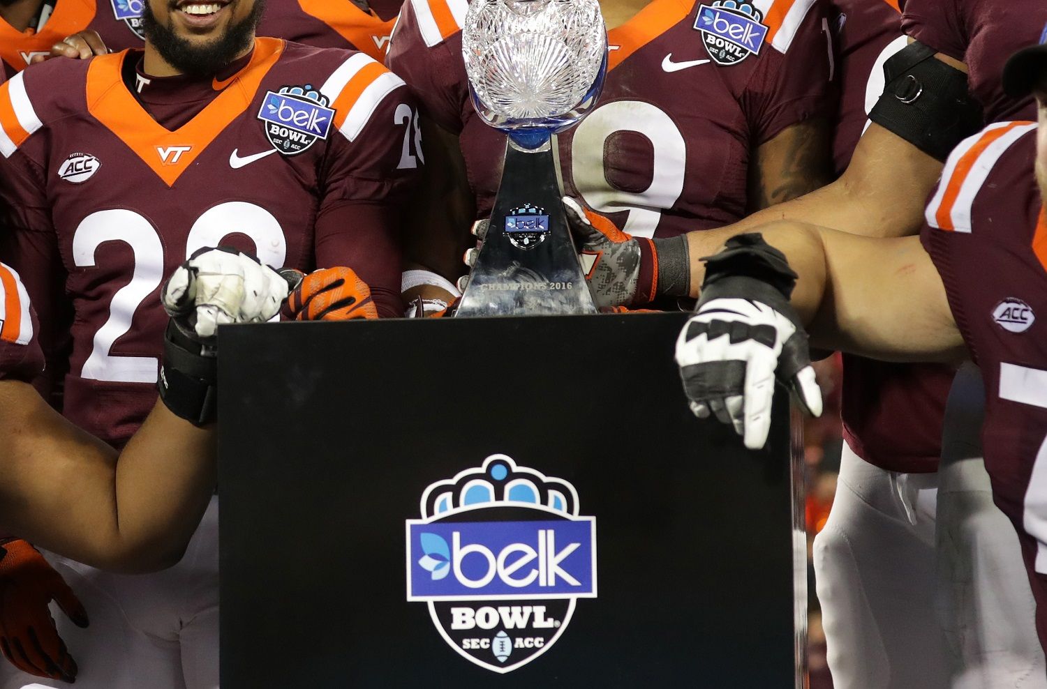 CHARLOTTE, NC - DECEMBER 29:  The Virginia Tech Hokies celebrate after defeating the Arkansas Razorbacks 35-24 in the Belk Bowl at Bank of America Stadium on December 29, 2016 in Charlotte, North Carolina.  (Photo by Streeter Lecka/Getty Images)