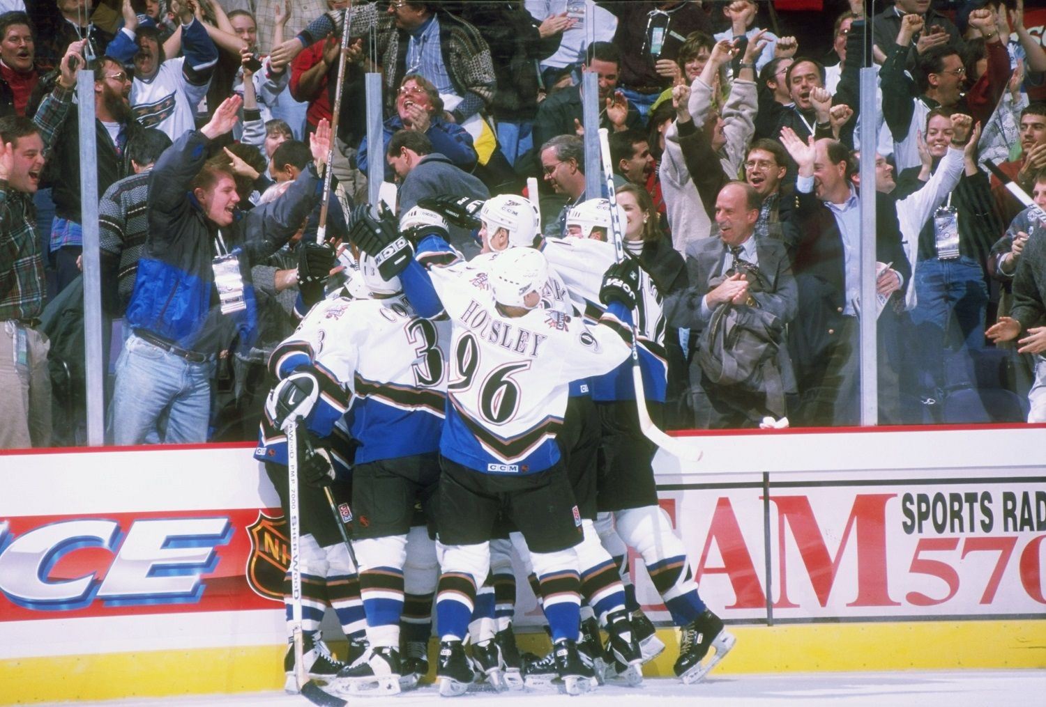 5 Dec 1997:  The Washington Capitals celebrate during the Capitals 3-2 win over the Florida Panthers at the MCI Center in Washington, D.C. Mandatory Credit: Doug Pensinger  /Allsport