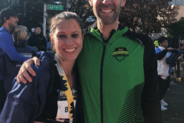 Sarah Bishop smiles with her coach James McKirdy after she finished the California International Marathon. Her performance at the CIM qualified her for the Olympic marathon trials. (Courtesy Sarah Bishop)