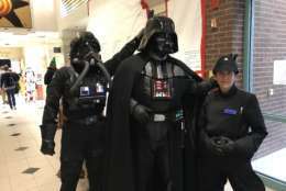 Darth Vader and friends goof around at Inova Fairfax Hospital, where a holiday party was held for kids who are fighting cancer or recently finished treatment. (WTOP/Michelle Basch)