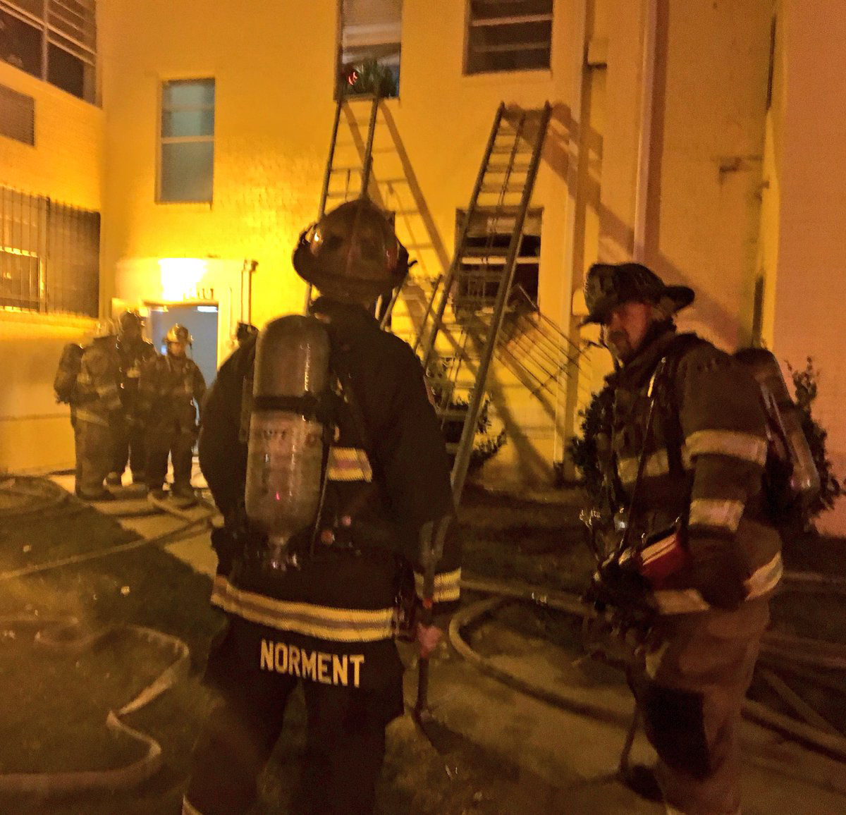 D.C. Fire battling a fire in a first floor apartment on 1400 block of Downing Street NE. One woman was rescued from the fire. (Courtesy D.C. Fire and EMS)