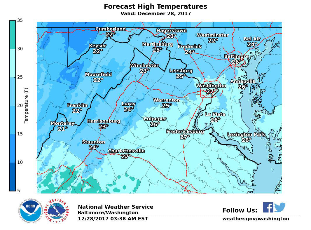 High temperatures are not scheduled to ouf the 20s on Thursday. Factoring in the wind, it will feel like it's in the single digits. (Courtesy National Weather Service)