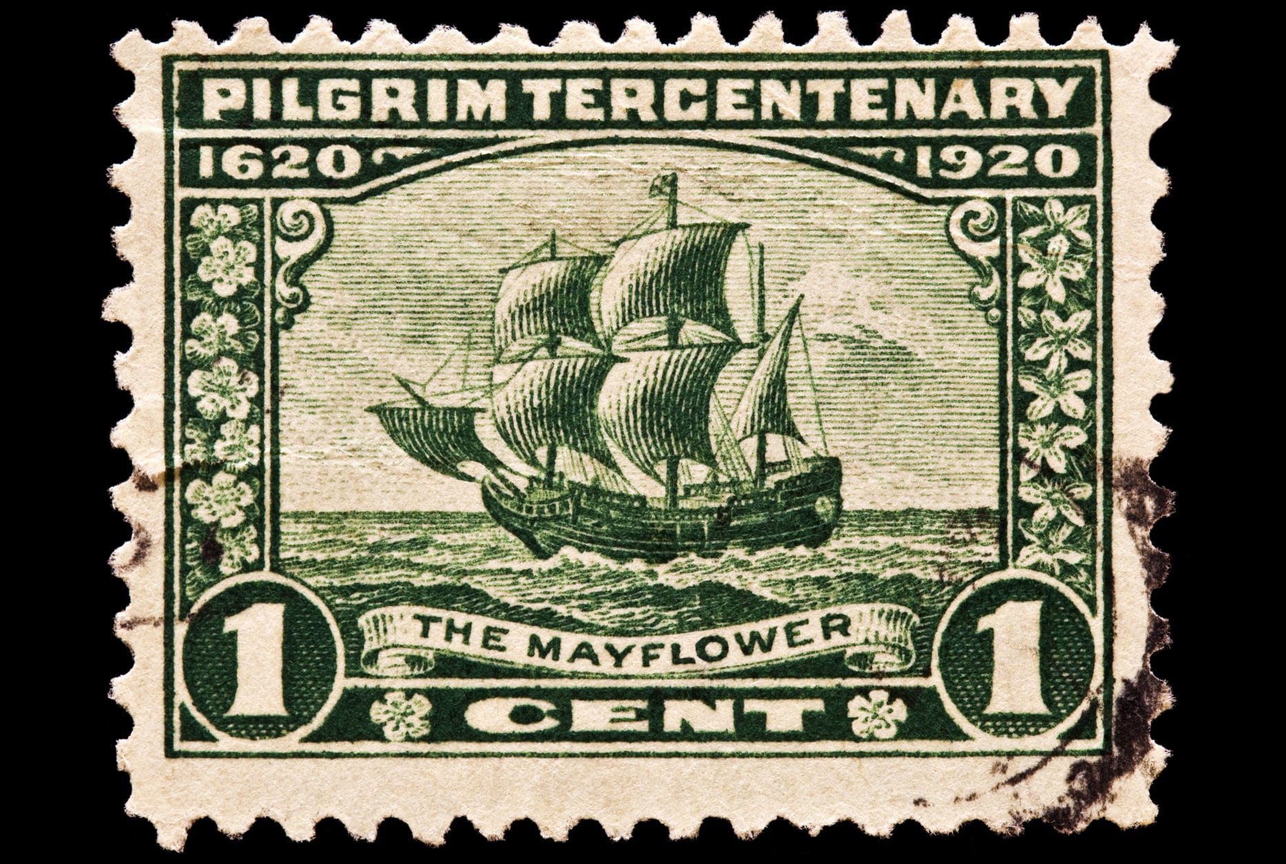 Pilgrim tercentenary issue was issued in 1923. The 1 cent denomination pictures the Mayflower crossing the Atlantic on its way to Plymouth, Mass.