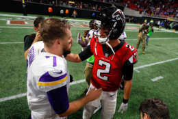 ATLANTA, GA - DECEMBER 03: Case Keenum #7 of the Minnesota Vikings shakes hands with Matt Ryan #2 of the Atlanta Falcons after the game at Mercedes-Benz Stadium on December 3, 2017 in Atlanta, Georgia. (Photo by Kevin C.  Cox/Getty Images)
