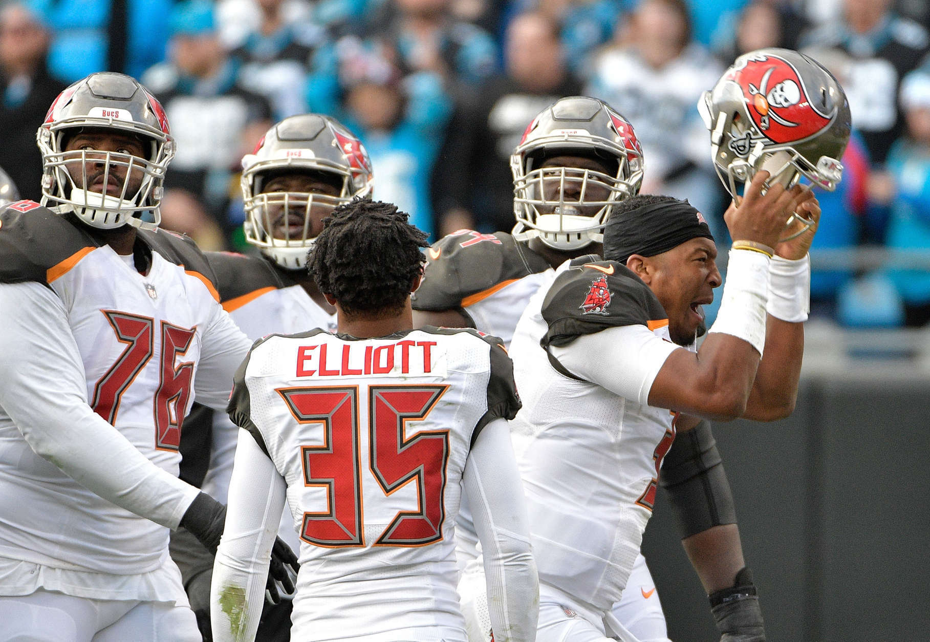 CHARLOTTE, NC - DECEMBER 24:  Jameis Winston #3 of the Tampa Bay Buccaneers reacts after fumbling during the final minute of their game against the Carolina Panthers at Bank of America Stadium on December 24, 2017 in Charlotte, North Carolina.  (Photo by Grant Halverson/Getty Images)