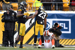 PITTSBURGH, PA - DECEMBER 31: Corey Coleman #19 of the Cleveland Browns reacts after an incomplete pass as Mike Mitchell #23 of the Pittsburgh Steelers looks on in the fourth quarter during the game at Heinz Field on December 31, 2017 in Pittsburgh, Pennsylvania. (Photo by Joe Sargent/Getty Images)