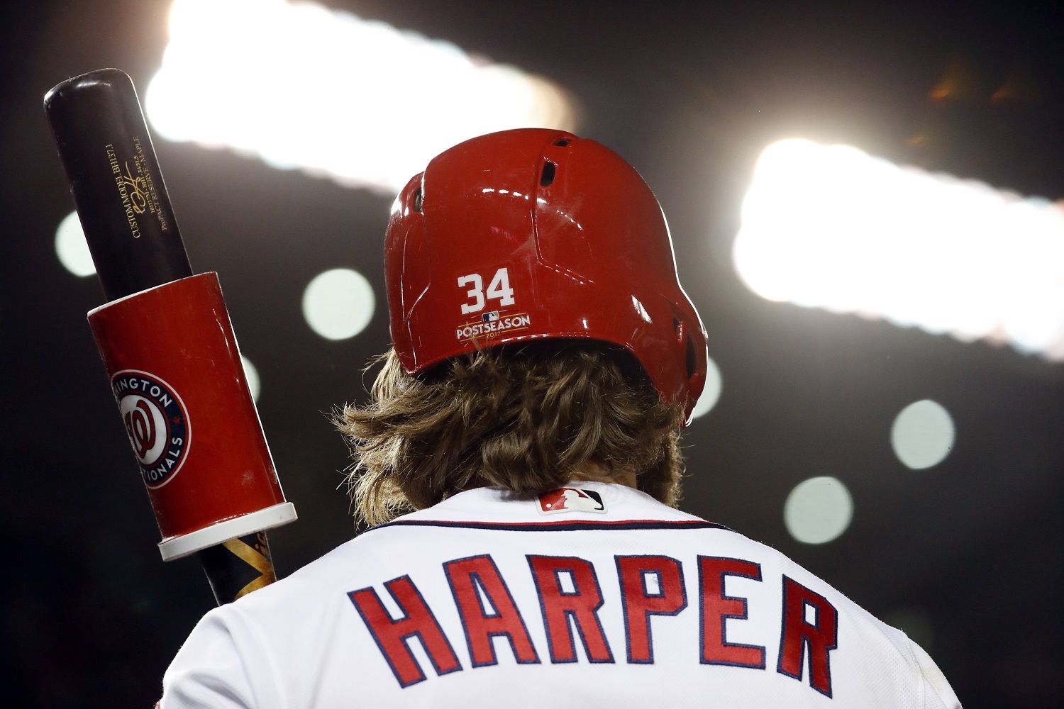 Washington Nationals Bryce Harper (34) stands in the on-deck circle before his at-bat in the fourthinning of Game 5 of baseball's National League Division Series, at Nationals Park, Thursday, Oct. 12, 2017, in Washington. (AP Photo/Alex Brandon)