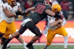 PULLMAN, WA - NOVEMBER 07:  Mike Bercovici #2 of the Arizona State Sun Devils is sacked by Hercules Mata'afa #50 of the Washington State Cougars in the second half at Martin Stadium on November 7, 2015 in Pullman, Washington.  Washington State defeated Arizona State 38-24.  (Photo by William Mancebo/Getty Images)