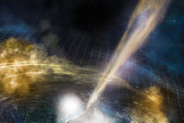 This is an illustration of two merging neutron stars. The rippling space-time grid represents gravitational waves that travel out from the collision, while the narrow beams show the burst of gamma rays that are shot out just seconds after the gravitational waves. Swirling clouds of material ejected from the merging stars are also depicted; these clouds glow with visible and other wavelengths of light. (Courtesy National Science Foundation/LIGO/Sonoma State University/A. Simonnet)
