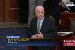 In this image from video provided by C-SPAN2, Sen. John McCain, R-Ariz. speaks the floor of the Senate on Capitol Hill in Washington, Tuesday, July 25, 2017. McCain returned to Congress for the first time since being diagnosed with brain cancer.  (C-SPAN2 via AP)