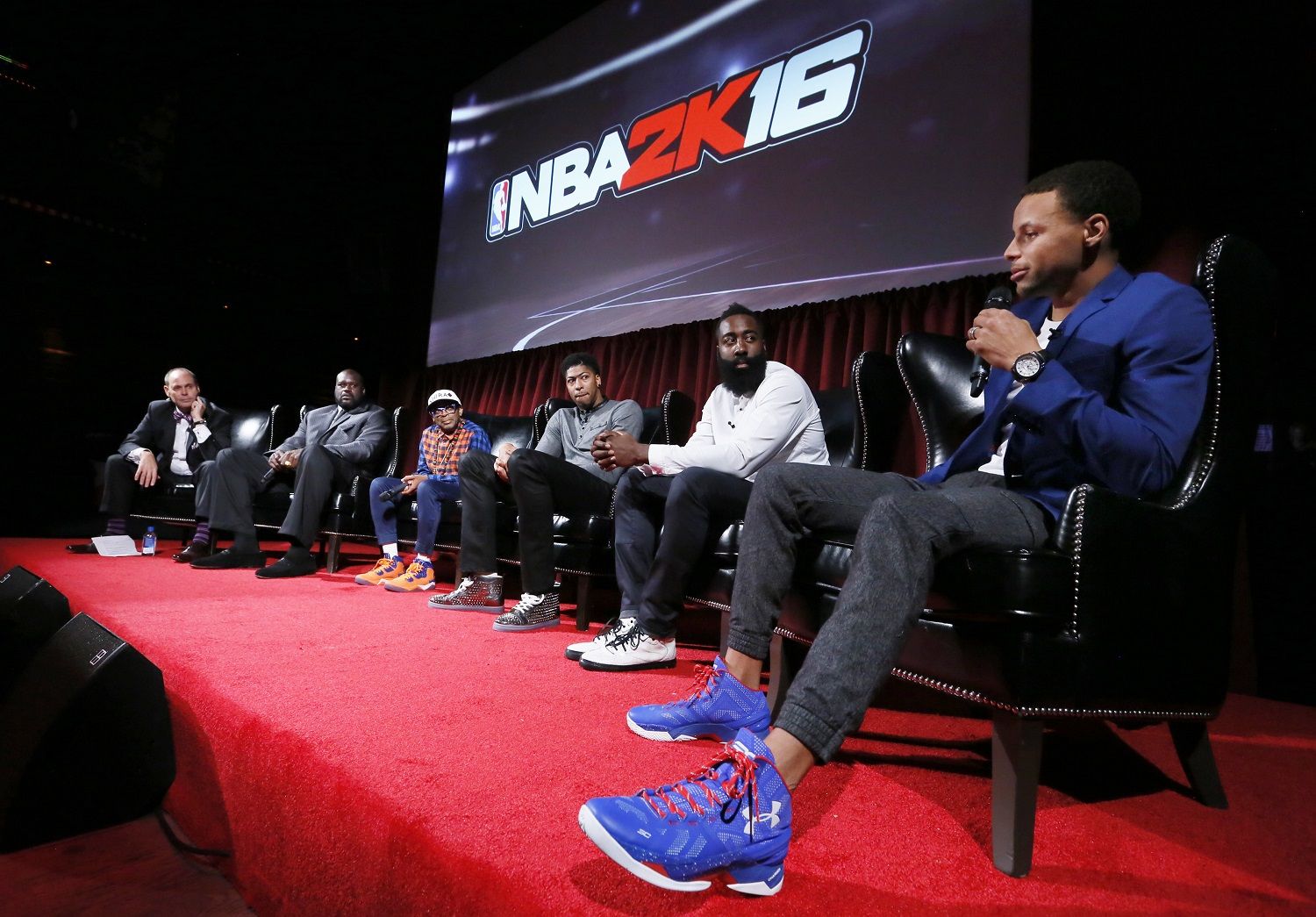 IMAGE DISTRIBUTED FOR 2K - Pictured from left to right, Ernie Johnson, Shaquille O'Neal, Spike Lee, Anthony Davis, James Harden and Steph Curry tell all at the NBA 2K16 Uncensored Premiere Event at Marquee on Monday, Sept. 21, 2015, in New York. (Photo by Stuart Ramson/Invision for 2K/AP Images)