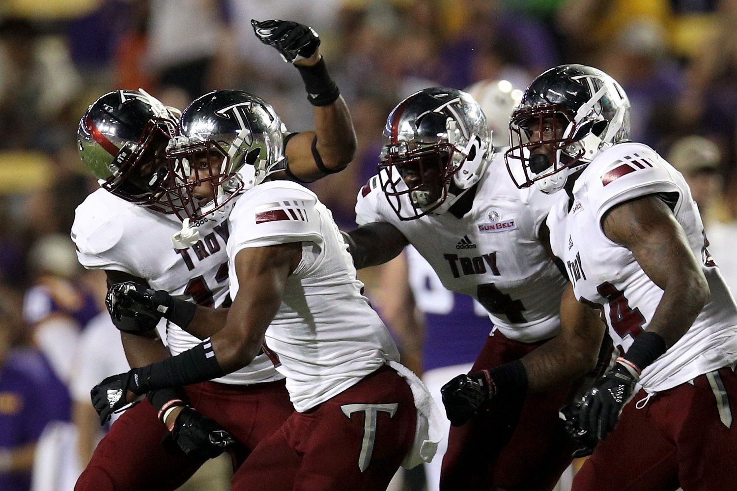 BATON ROUGE, LA - SEPTEMBER 30:  Members of the Troy Trojans react after an interception against the LSU Tigers at Tiger Stadium on September 30, 2017 in Baton Rouge, Louisiana.  (Photo by Chris Graythen/Getty Images)