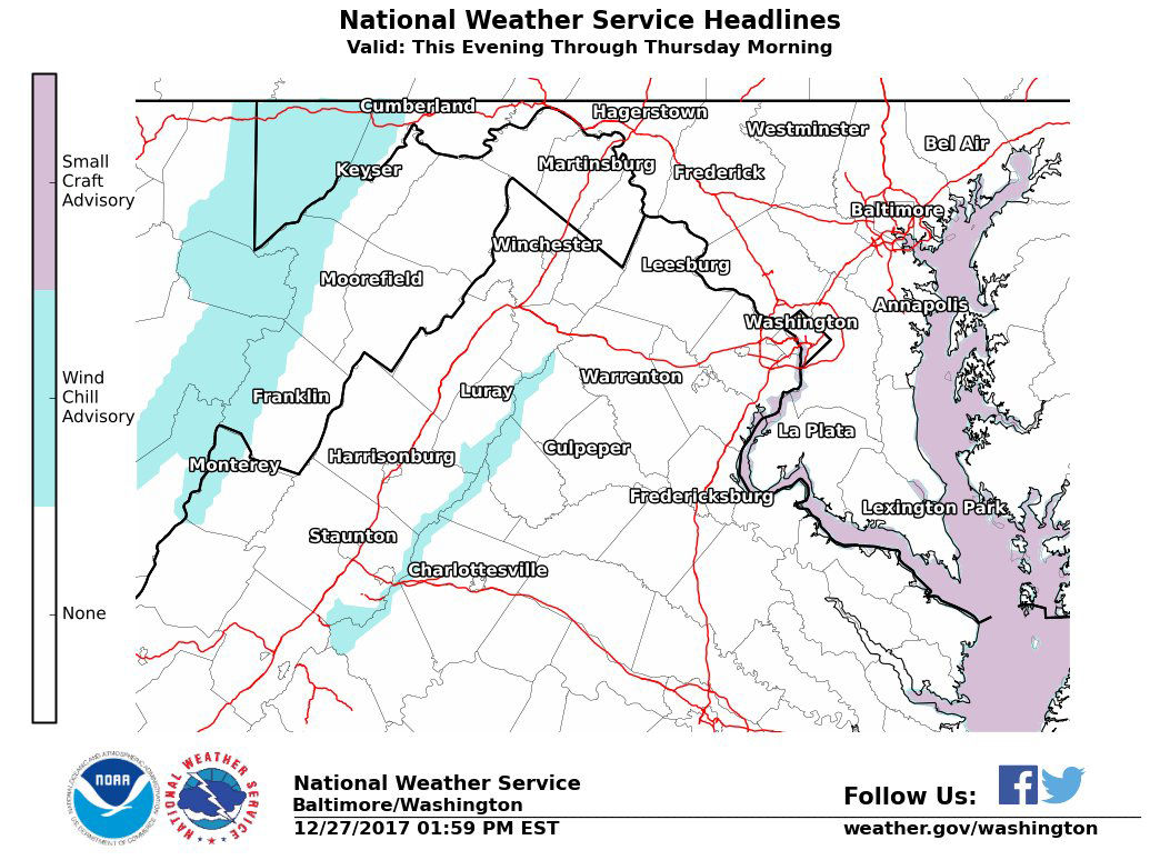 A wind chill advisory was issued for parts of the D.C. area through Thursday morning. (Courtesy National Weather Service)