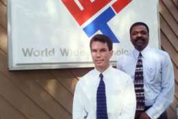 President and Chief Operating Officer Jim Kavanaugh, left, and Chairman and CEO David L. Steward, pose in front of their company's logo Monday, May 10, 1999, in St. Louis. The company, World Wide Technology, a provider of hardware, software and networking solutions for businesses has been named Black Enterprise magazine's company of the year. The privately held company founded in 1990 now has 3,000 customers and has revenues of $200 million last year. (AP Photo/James A. Finley)