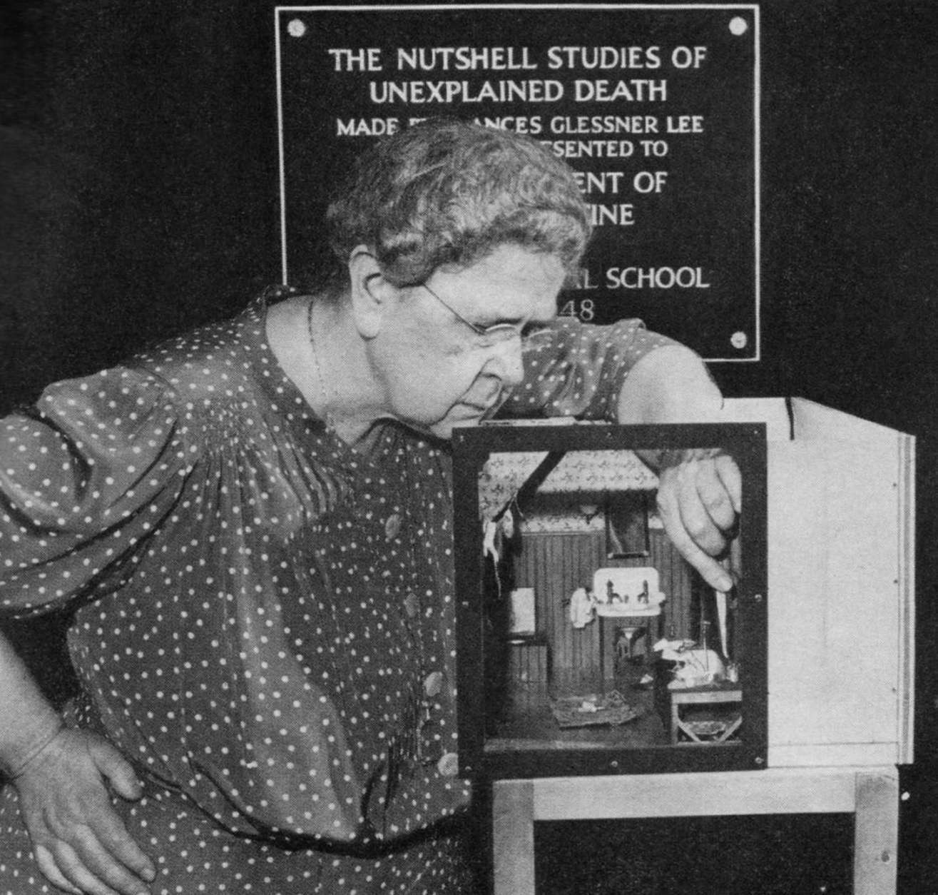 Frances Glessner Lee was a woman in the male-dominated field of forensic science, but she turned to the traditionally-feminine hobby of crafts to help “convict the guilty, clear the innocent, and find the truth in a nutshell.” 

In this photo: Frances Glessner Lee with her Nutshell diorama, Dark Bathroom. (Image courtesy Glessner House Museum, Chicago, IL, via the Renwick Gallery)