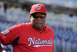 Washington Nationals manager Dusty Baker watches the team during baseball practice at Nationals Park, Wednesday, Oct. 4, 2017, in Washington. Game 1 of the National League Division Series against the Chicago Cubs is Friday. (AP Photo/Mark Tenally)