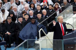 WASHINGTON, DC - JANUARY 20:  President Donald Trump delivers his inaugural address as the U.S. Supreme Court Justices listen on the West Front of the U.S. Capitol on January 20, 2017 in Washington, DC. In today's inauguration ceremony Donald J. Trump became the 45th president of the United States.  (Photo by Joe Raedle/Getty Images)