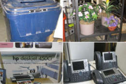 You could call this the office cubicle starter kit. Three office phones telephones, a desktop printer, a large recycling bin and three artificial plants pre-potted. Bidding's already up to $20. (GSAAuctions.gov)