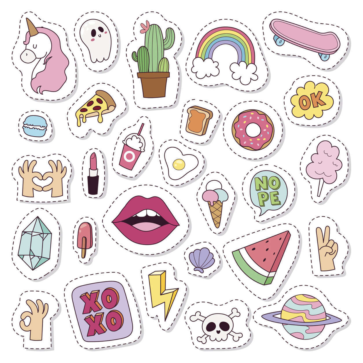 Hipster patches elements like lips, ok sign and diamond hand drawn vector. Cute fashionable stickers collection. Doodle pop art sketch pins and comic badges vector set.