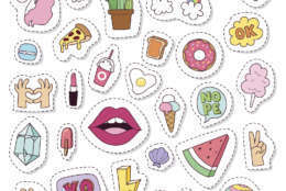 Hipster patches elements like lips, ok sign and diamond hand drawn vector. Cute fashionable stickers collection. Doodle pop art sketch pins and comic badges vector set.