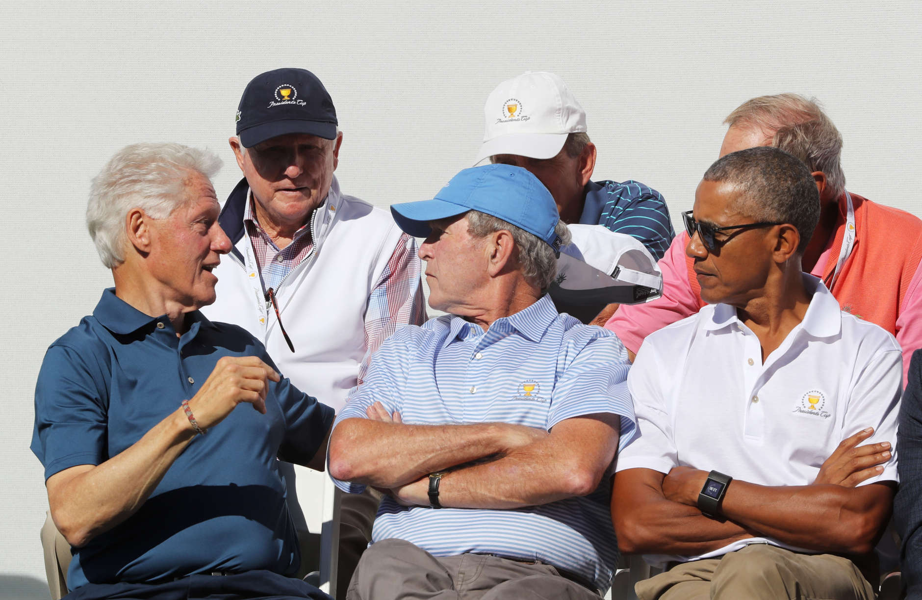 JERSEY CITY, NJ - SEPTEMBER 28:  (L-R) Former U.S. Presidents Bill Clinton, George W. Bush and Barack Obama attend the trophy presentation prior to Thursday foursome matches of the Presidents Cup at Liberty National Golf Club on September 28, 2017 in Jersey City, New Jersey.  (Photo by Sam Greenwood/Getty Images)