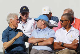 JERSEY CITY, NJ - SEPTEMBER 28:  (L-R) Former U.S. Presidents Bill Clinton, George W. Bush and Barack Obama attend the trophy presentation prior to Thursday foursome matches of the Presidents Cup at Liberty National Golf Club on September 28, 2017 in Jersey City, New Jersey.  (Photo by Sam Greenwood/Getty Images)