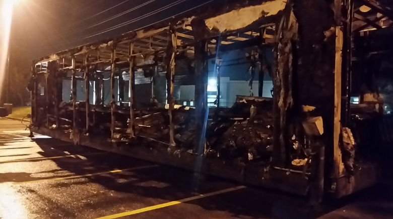 Pictured is a burned out trailer at the UPS facility in Frederick, Maryland. (WTOP/Kathy Stewart)