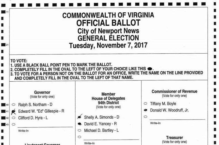 The disputed ballot that ended the race in a tie. Democrat Shelly Simonds had asked the court to reverse course and declare her the winner. (Ballot in court documents)