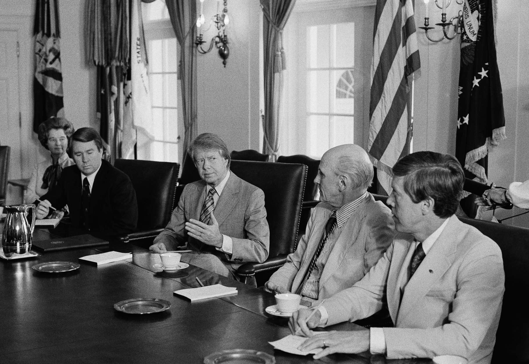 President Jimmy Carter meets with congressional supporters of the proposed B-1 bomber, June 7, 1977 in Washington.  From left are Rep. Marjorie Holt, (R-Md.), Rep. Wesley W. Watkins (D-Okla.), Carter, Sen. Alan Cranston (D-Calif.), and Rep. Jack Brinkley (D-Ga.).  (AP Photo/Harvey Georges)