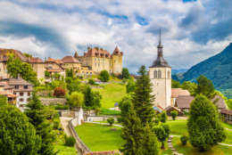 Beautiful view of the medieval town of Gruyeres, home to the world-famous Le Gruyere cheese, canton of Fribourg, Switzerland.