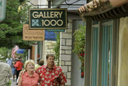 A couple walks past many of the numerous art galleries in Carmel-By-The-Sea, Calif., Tuesday July 12, 2005. Last fall the city council banned the opening of any more art galleries on an "urgency basis." The decision has drawn the ire of gallery owners, but residents are applauding, saying it might finally attract stores to town that sell socks and underwear.(AP Photo/Eric Risberg)