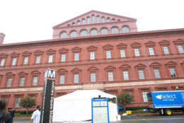 A tent set up at a door of the the National Building Museum in Washington, Friday, Nov. 14, 2008, in preparation for the Summit on Financial Markets. (AP Photo/Lauren Victoria Burke)