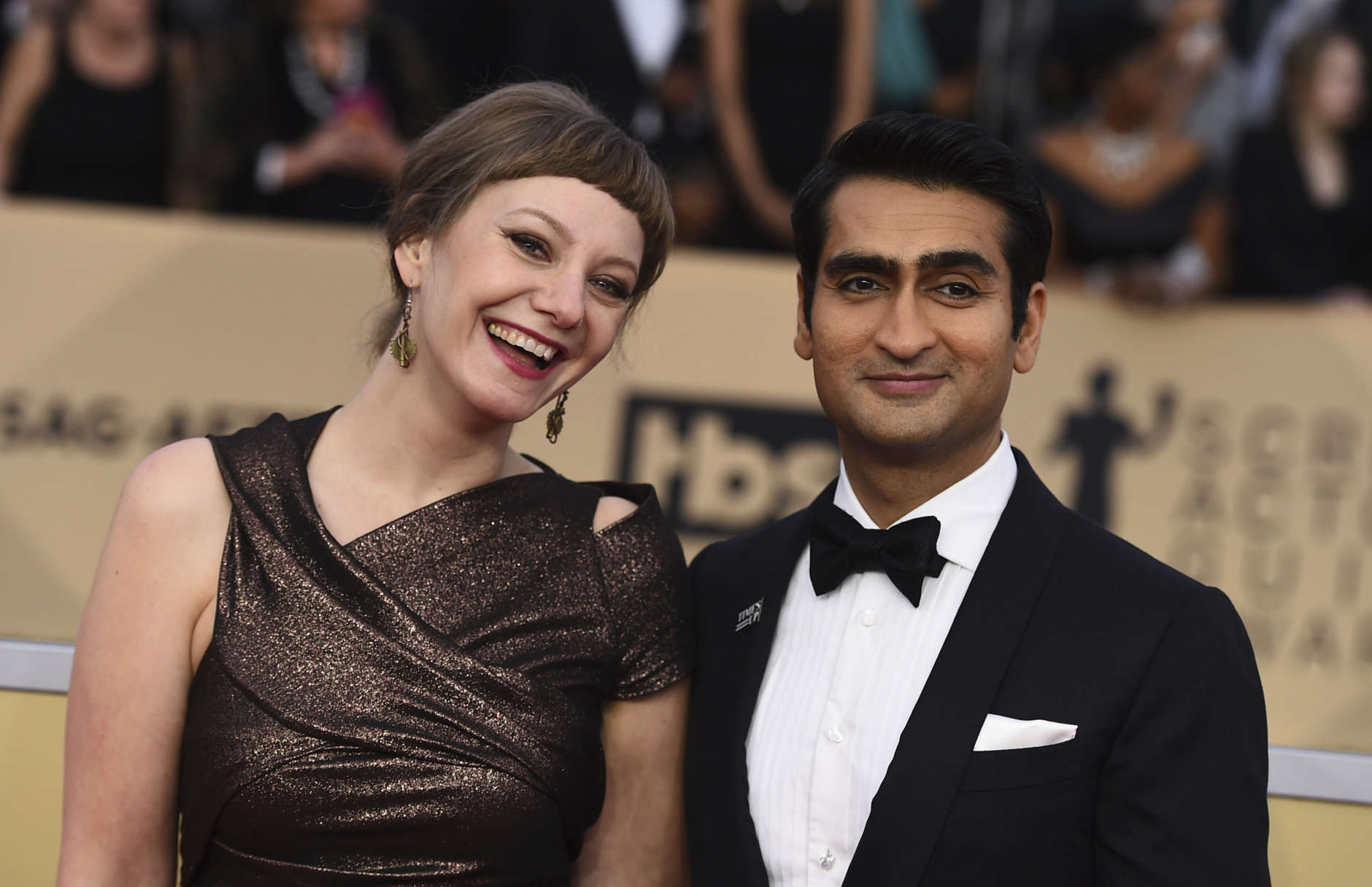 Kumail Nanjiani, left, and Emily V. Gordon arrive at the 24th annual Screen Actors Guild Awards at the Shrine Auditorium &amp; Expo Hall on Sunday, Jan. 21, 2018, in Los Angeles. (Photo by Jordan Strauss/Invision/AP)