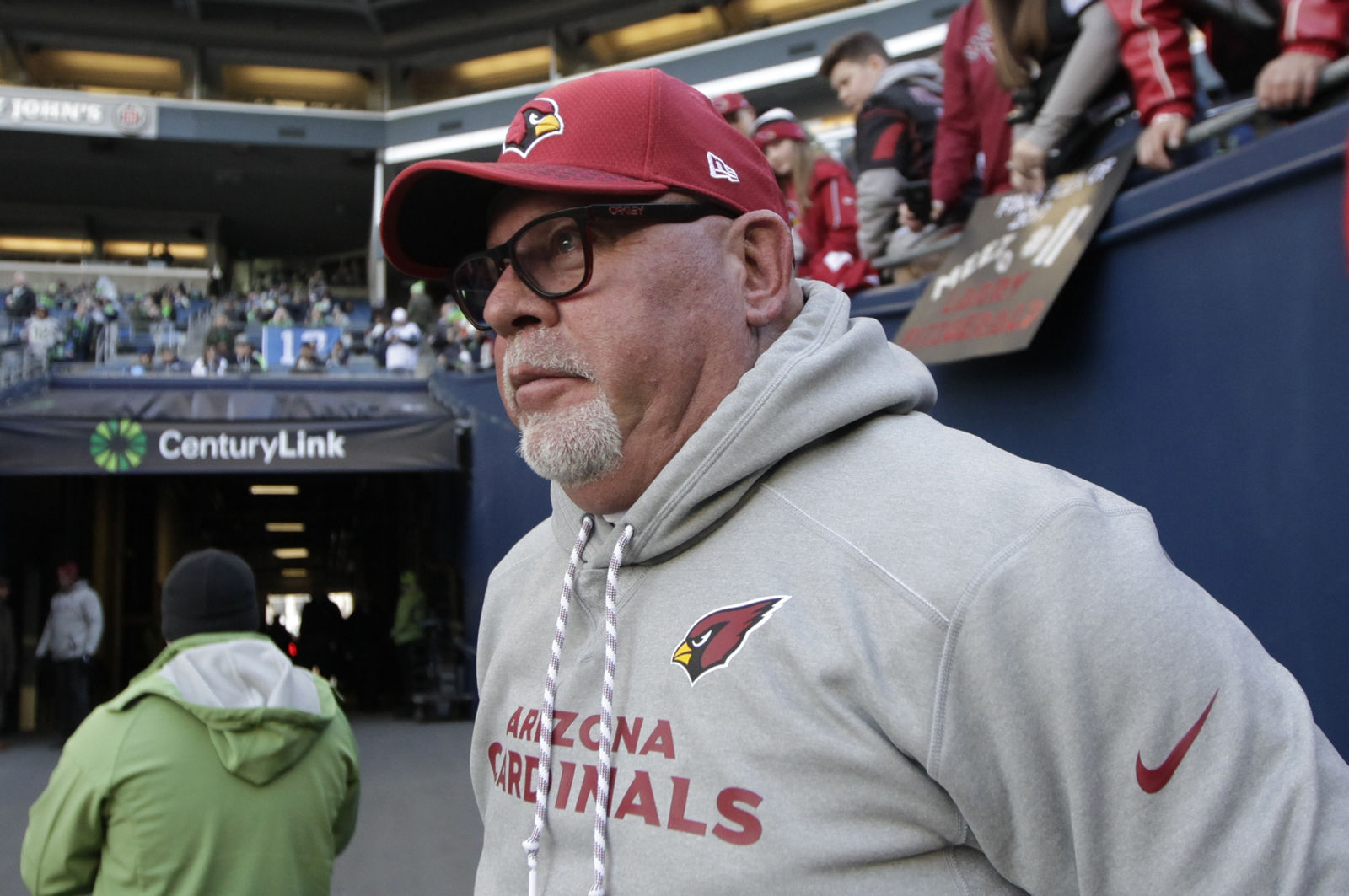 Arizona Cardinals head coach Bruce Arians looks out to the field before an NFL football game against the Seattle Seahawks, Sunday, Dec. 31, 2017, in Seattle. (AP Photo/John Froschauer)