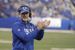 Indianapolis Colts head coach Chuck Pagano applauds during the second half of an NFL football game against the Houston Texans, Sunday, Dec. 31, 2017, in Indianapolis. Indianapolis won 22-13. (AP Photo/Darron Cummings)