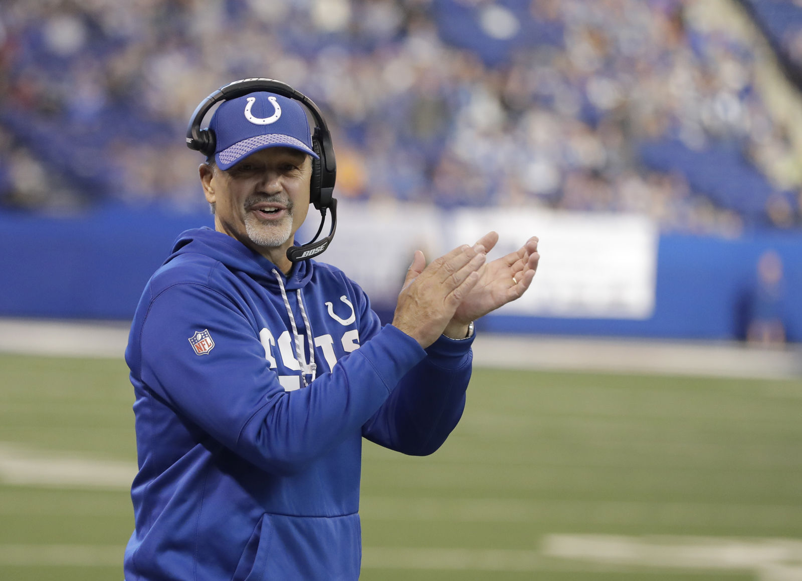 Indianapolis Colts head coach Chuck Pagano applauds during the second half of an NFL football game against the Houston Texans, Sunday, Dec. 31, 2017, in Indianapolis. Indianapolis won 22-13. (AP Photo/Darron Cummings)