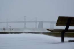 The Bay Bridge is obscured by blowing snow Thursday morning. (WTOP/Dave Dildine)