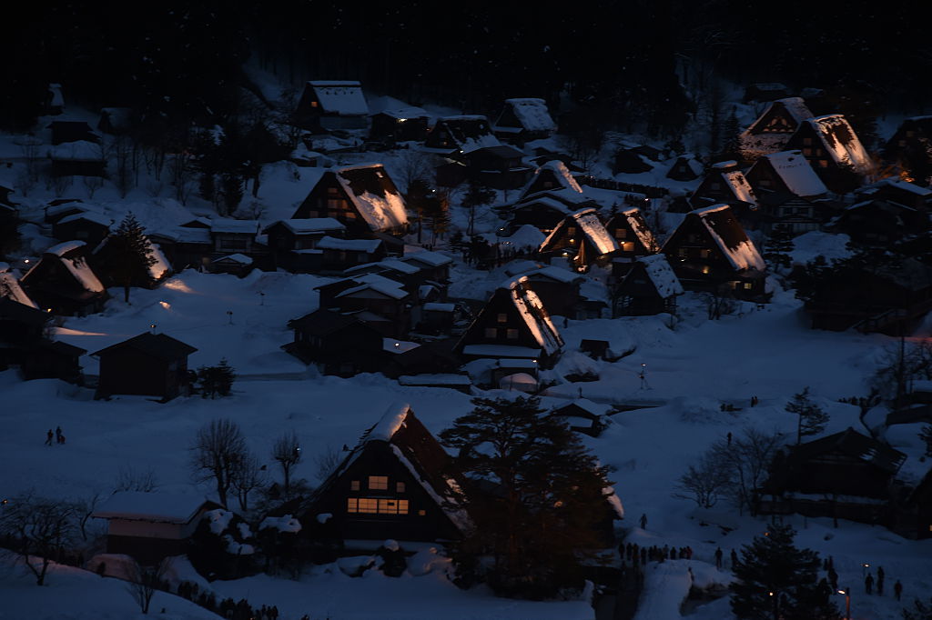 SHIRAKAWA, JAPAN - FEBRUARY 07:  Old houses with winter illumination on February 7, 2015 in Shirakawa, Japan. The UNESCO world heritage registered Shirakawa village is illuminated on weekends annually during January and February. This year, the last day will be on February 14, 2015.  (Photo by Kaz Photography/Getty Images)