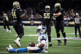 NEW ORLEANS, LA - JANUARY 07:  Jonathan Freeny #55 of the New Orleans Saints reacts after sacking Cam Newton #1 of the Carolina Panthers at the Mercedes-Benz Superdome on January 7, 2018 in New Orleans, Louisiana.  (Photo by Chris Graythen/Getty Images)