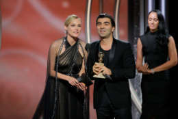 BEVERLY HILLS, CA - JANUARY 07:  In this handout photo provided by NBCUniversal,  Director Fatih Akin, with actress Diane Kruger,   accepts the award for Best Motion Picture ? Foreign Language for ?In the Fade?  during the 75th Annual Golden Globe Awards at The Beverly Hilton Hotel on January 7, 2018 in Beverly Hills, California.  (Photo by Paul Drinkwater/NBCUniversal via Getty Images)