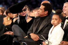 NEW YORK, NY - JANUARY 28: (L-R) Beyonce, Jay-Z and Blue Ivy Carter attends the 60th Annual GRAMMY Awards at Madison Square Garden on January 28, 2018 in New York City.  (Photo by Christopher Polk/Getty Images for NARAS)