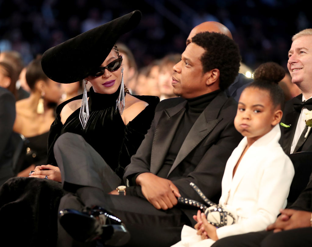 NEW YORK, NY - JANUARY 28: (L-R) Beyonce, Jay-Z and Blue Ivy Carter attends the 60th Annual GRAMMY Awards at Madison Square Garden on January 28, 2018 in New York City.  (Photo by Christopher Polk/Getty Images for NARAS)