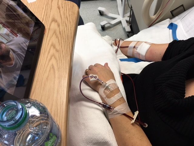 The machine slowly pulled out Glicks s blood, removed the stem cells out of that blood, then returned her blood through another arm. (Courtesy Jenny Glick)