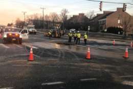 Fairfax Water said the water main would not be repaired before Wednesday's morning rush hour commute. (WTOP/Michael O'Connell)