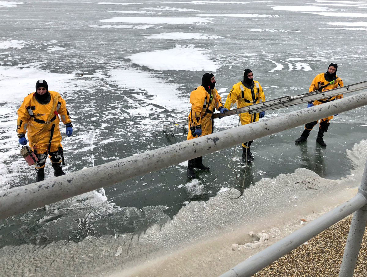 D.C. Fire and Rescue conducting an ice recue drill on the frozen Tidal Basin on Jan. 4. (Courtesy D.C. Fire and EMS)