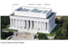 This diagram provided by the National Park Service shows the areas that will be repaired as part of a $2.85 million project that began on Monday. Last replaced 20 years ago, the flat upper and lower roofs of the memorial are failing, allowing water to stain the interior walls of the structure. A five-layer roof system will be installed but will not alter the look of the structure: hollow clay terracotta tile, concrete decking, a hot rubberized asphalt membrane, rigid insulation and slate pavers. Marble at the four corners of the penthouse level will also be repaired. And broken glass in the skylights above the chamber will be replaced. (Courtesy National Park Service)